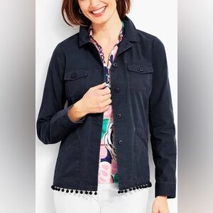 Talbots Navy Blue Utility Jacket with Pom-Pom Trim, Size L